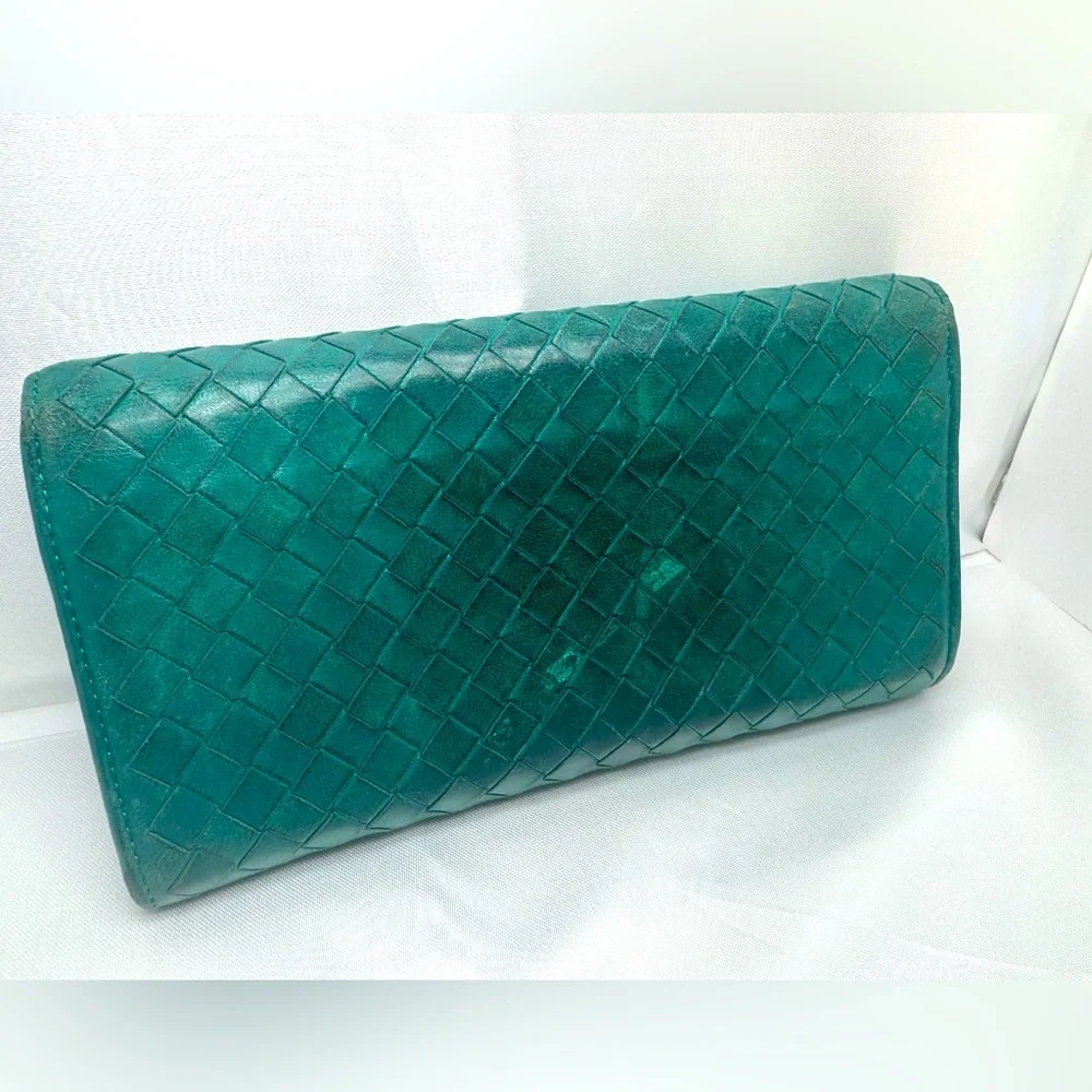 Bottega Veneta Intrecciato Leather Long Wallet Teal Vintage Color Made in Italy - Picture 6 of 14